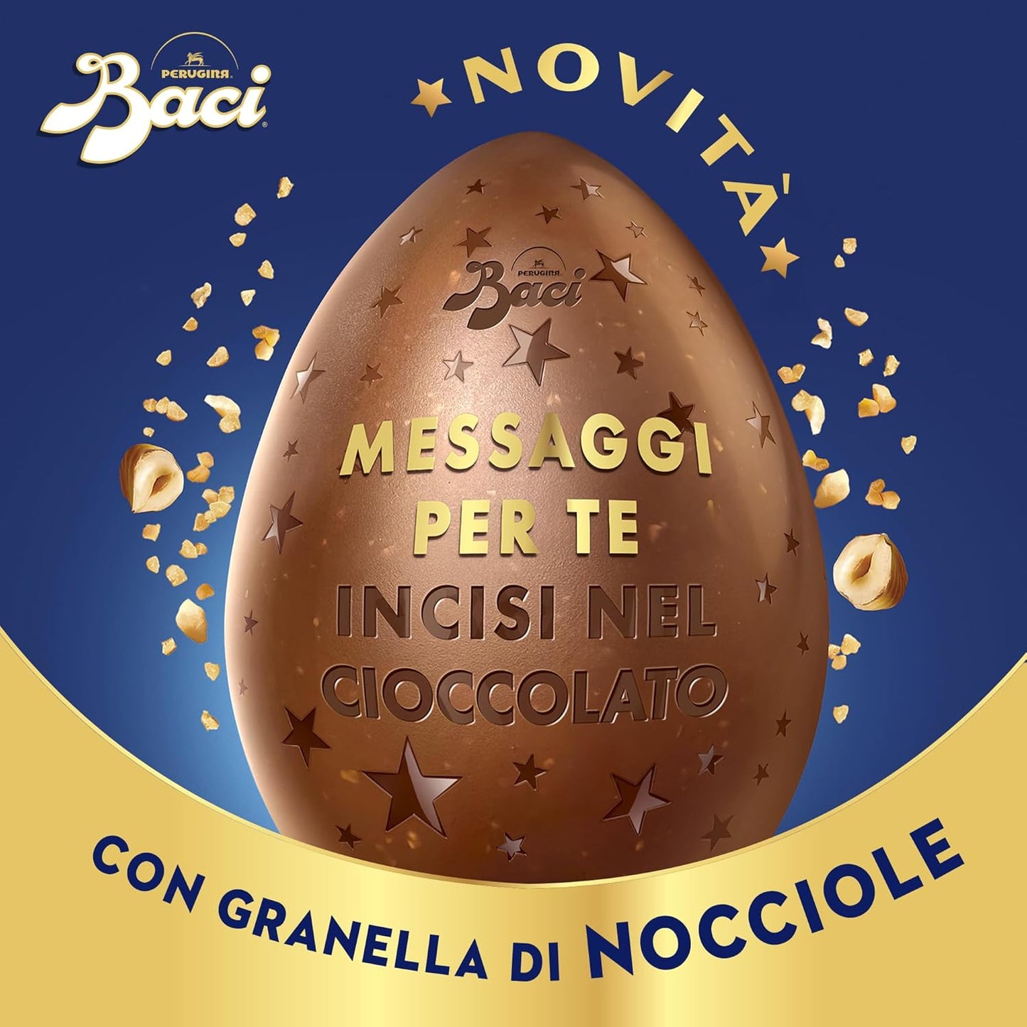 BACI PERUGINA Uovo di Pasqua 2025 Cioccolato al Latte Inciso con granella di Nocciole e 4 Cioccolatini 310g