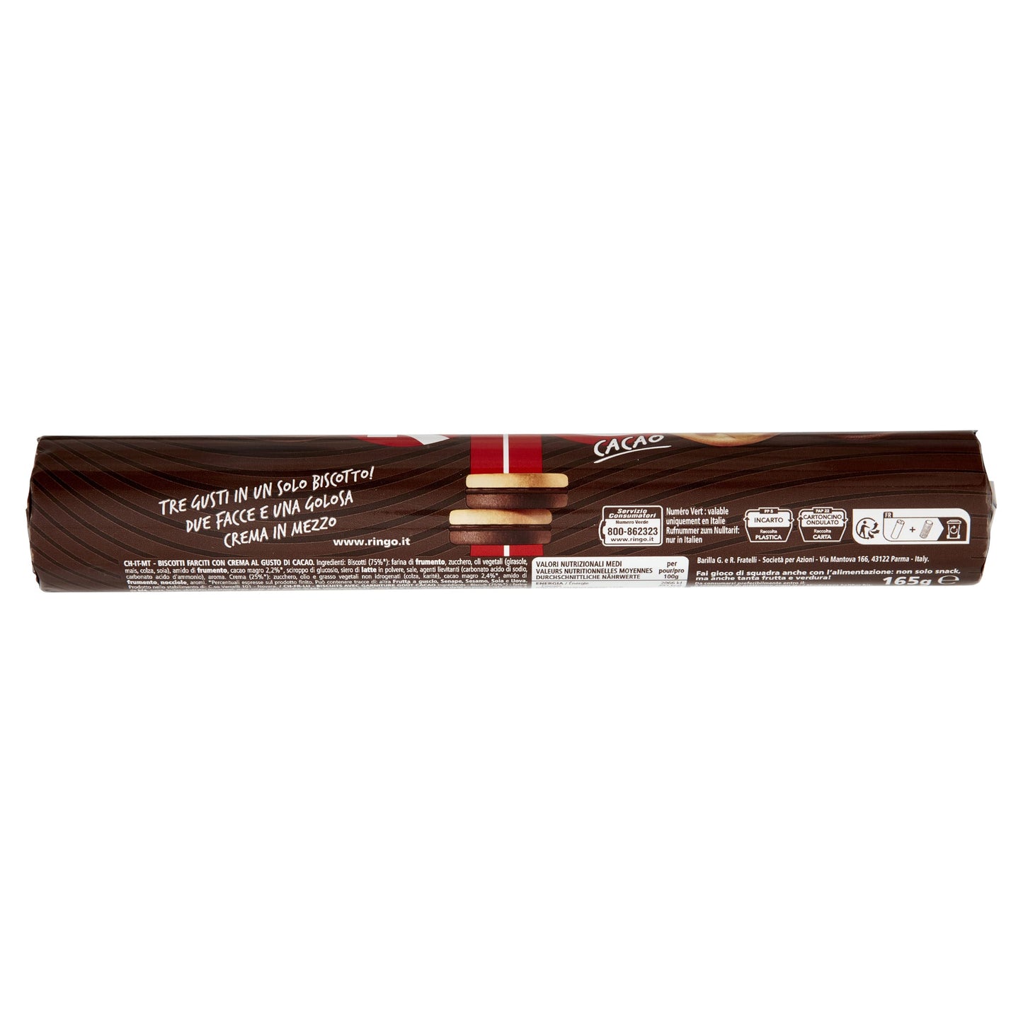 Pavesi Snack Ringo Cacao, Biscotti Farciti con Crema al Gusto Cioccolato, Snack per Merenda o Pausa Studio, Formato Tubo 165 g (Confezione da 6)