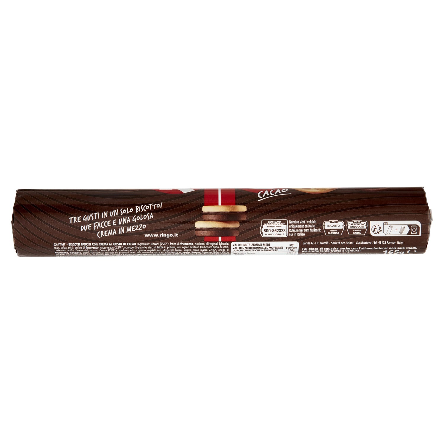 Pavesi Snack Ringo Cacao, Biscotti Farciti con Crema al Gusto Cioccolato, Snack per Merenda o Pausa Studio, Formato Tubo 165 g (Confezione da 4)