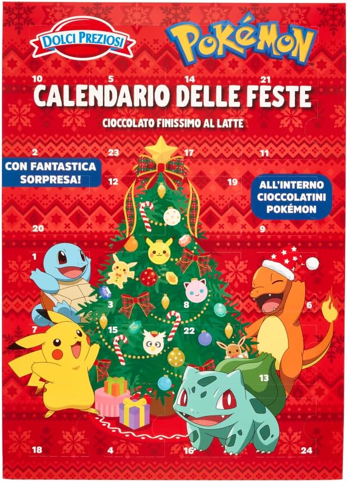 Dolci Preziosi Pokemon Calendario dell'Avvento 2023 con Cioccolato Finissimo al Latte 270g con Portachiavi CAIYA® [Singolo Calendario]