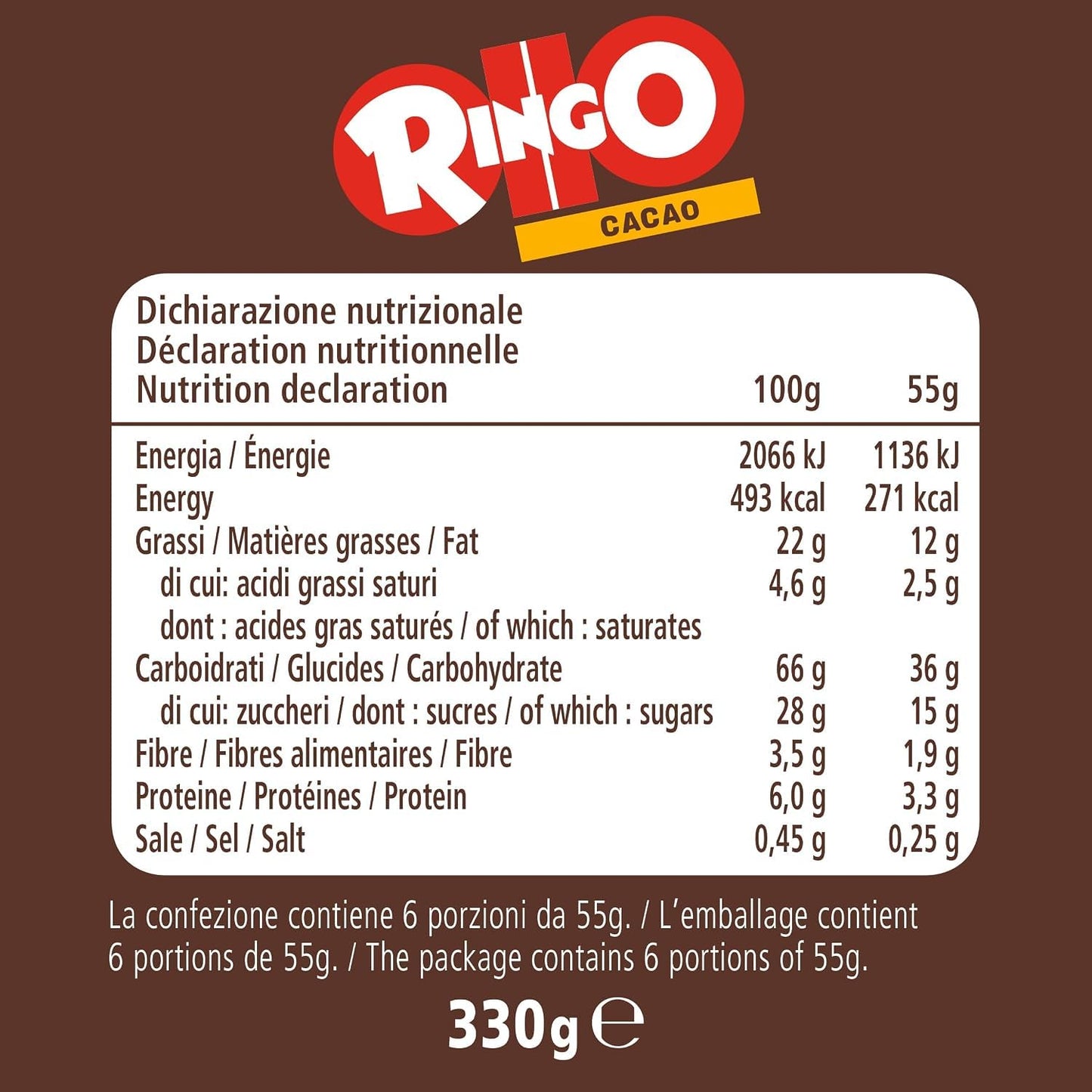 3X Confezioni Per Pavesi Ringo Cacao 330 g x 3 | Biscotti Farciti con Crema al Gusto di Cacao | Formato Famiglia | 990 g Totali | 18 Porzioni
