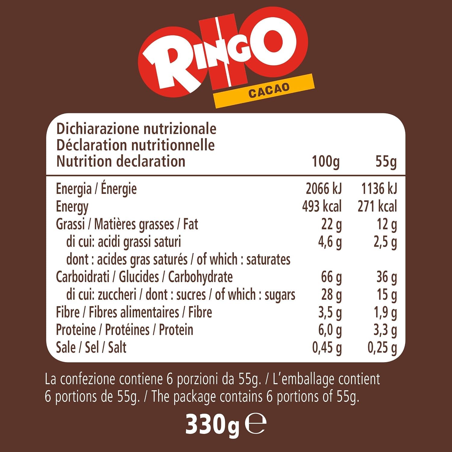 3X Confezioni Per Pavesi Ringo Cacao 330 g x 3 | Biscotti Farciti con Crema al Gusto di Cacao | Formato Famiglia | 990 g Totali | 18 Porzioni