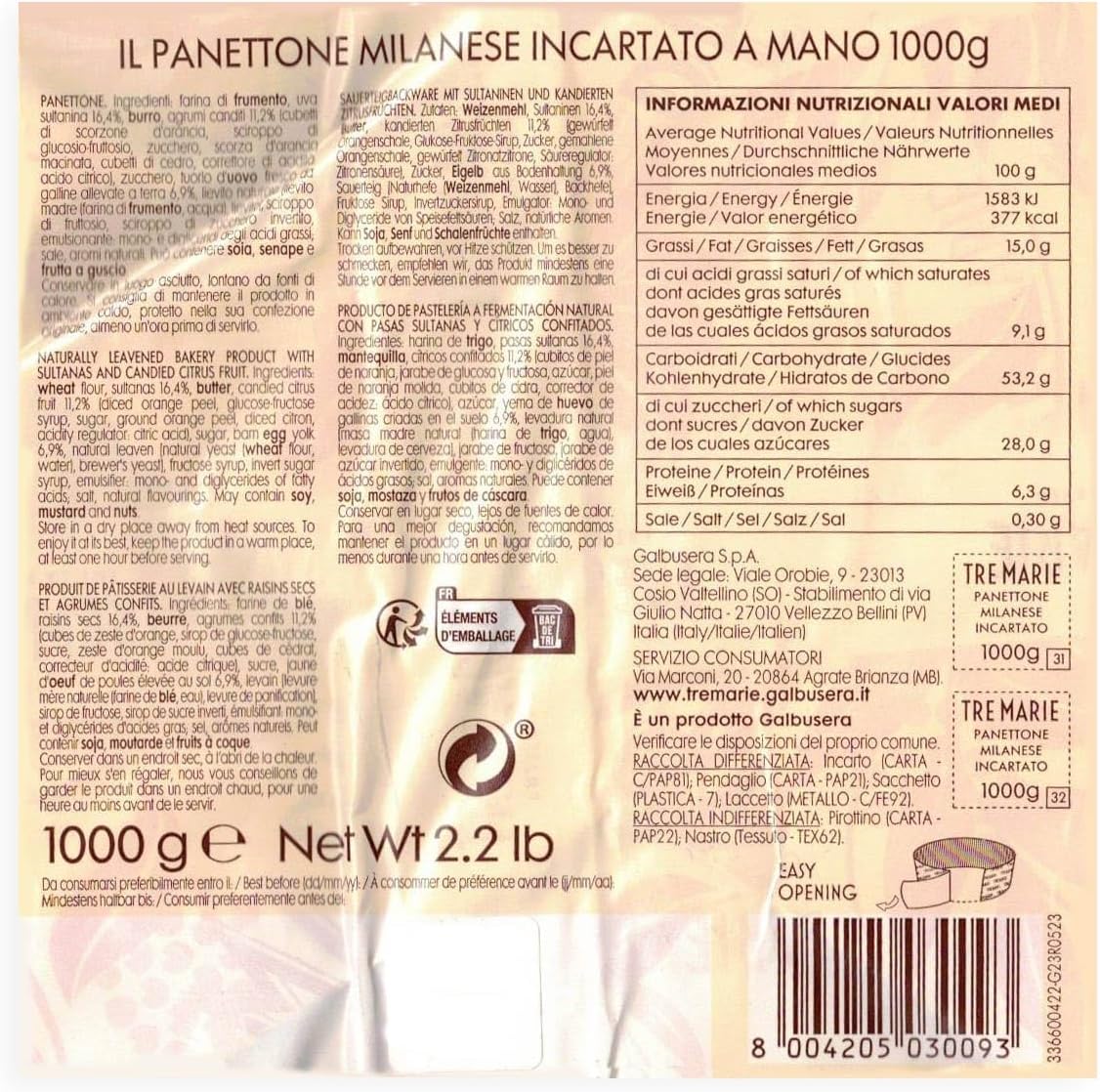 Tre Marie Panettone Milanese Incartato a Mano con Gemme Candite di Arance Siciliane, Cedro Diamante e Uvetta 1kg
