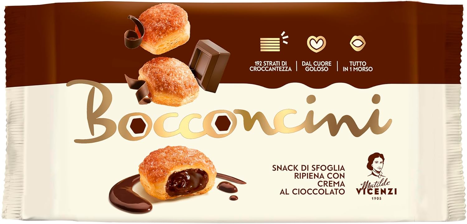 Matilde Vicenzi - Bocconcini di Pasta Sfoglia, Croccanti e Delicati, Snack Dolce di Raffinata Pasticceria Ripieno di Crema al Cioccolato, Confezione da 100 gr