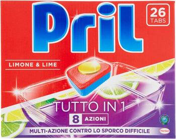 Pril Tutto in 1 Limone & Lime Detersivo Tabs, Pastiglie per lavastoviglie attive già a temperature di 40°, Detersivo lavastoviglie a 8 azioni, 1 x 26 tabs