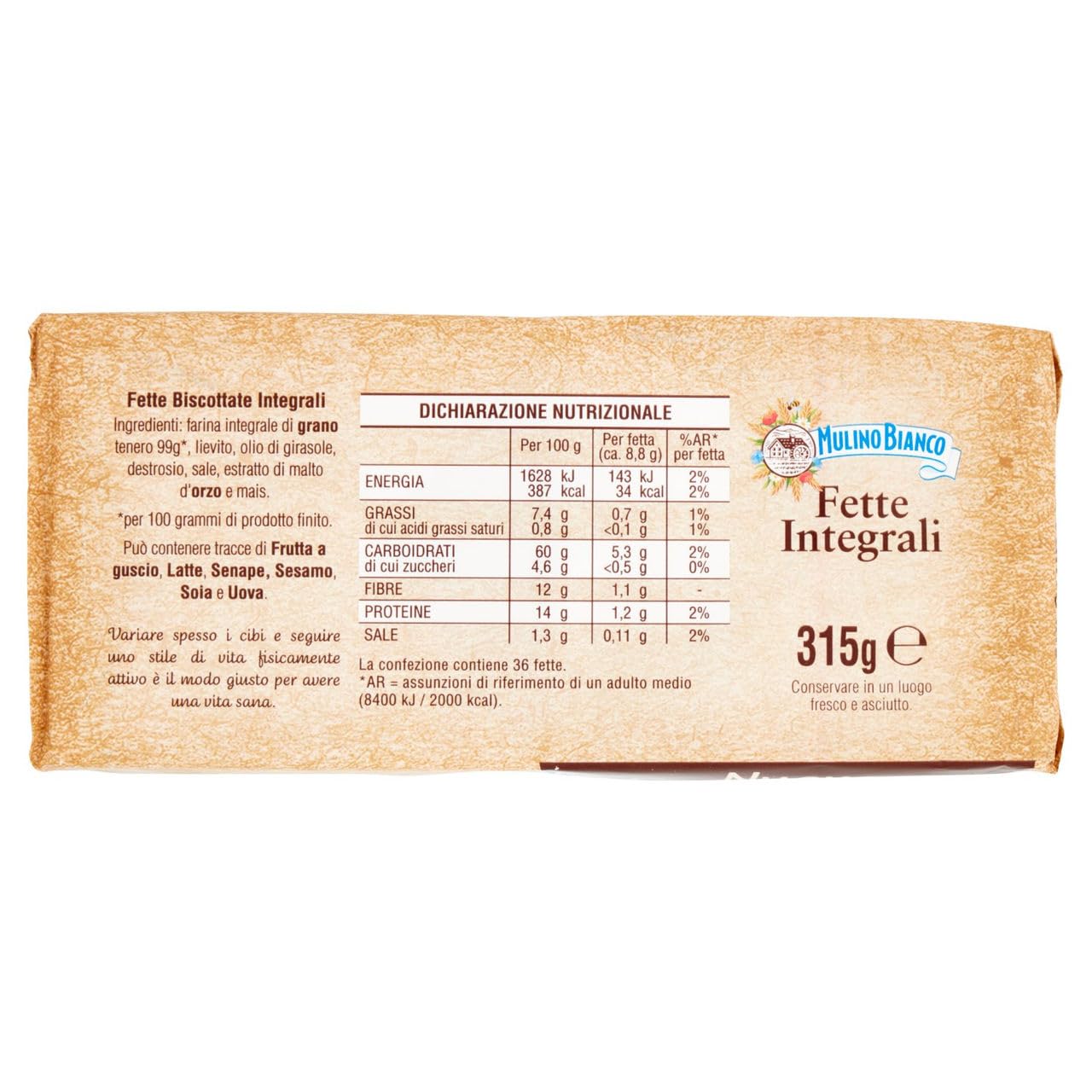 4X Mulino Bianco Fette Biscottate Integrali Spesse, Croccanti e Friabili 315g [4 Confezioni]