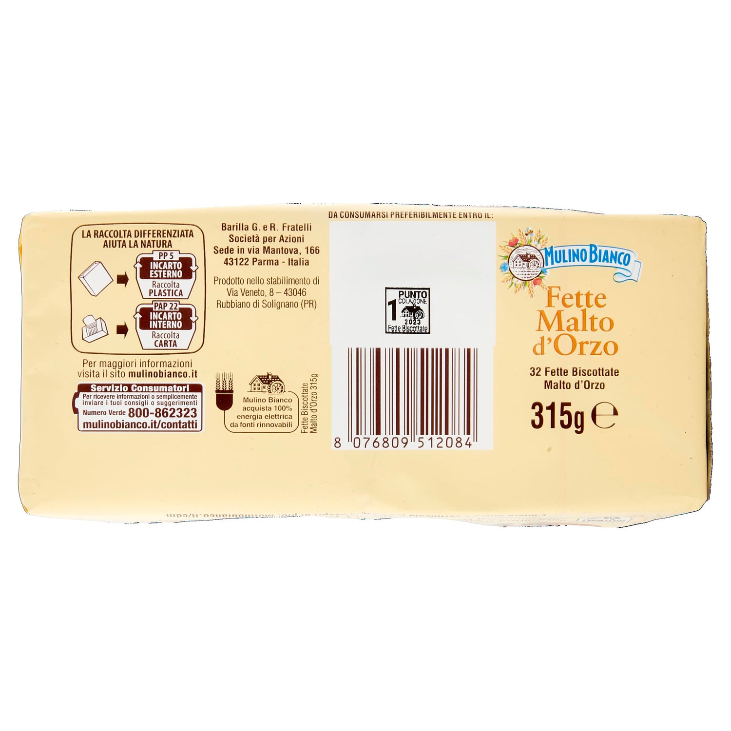 Mulino Bianco Fette Biscottate al Malto D'Orzo, Senza Olio di Palma - 315 g (Confezione da 2)