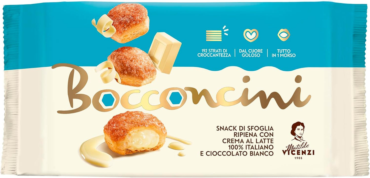 Matilde Vicenzi - Bocconcini di Pasta Sfoglia, Croccanti e Delicati, Snack Dolce di Raffinata Pasticceria Ripieno di Crema al Latte e Cioccolato Bianco, Confezione da 100 gr