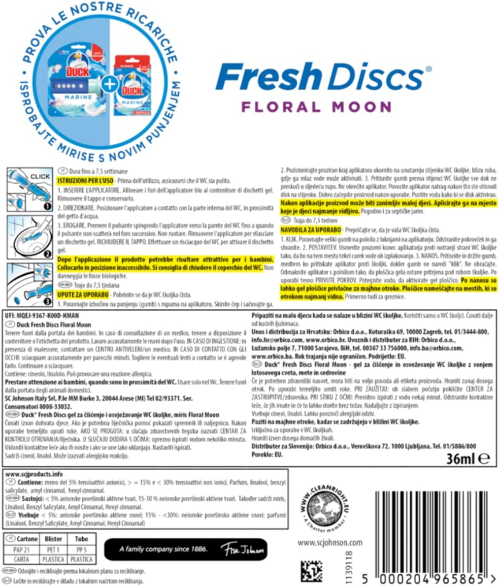 Duck Fresh Discs - Base per Dischi Gel Igienizzanti WC, Fragranza Pesca e Orchidea - Confezione da 1 Applicatore, 1 Tubo, 6 Dischetti