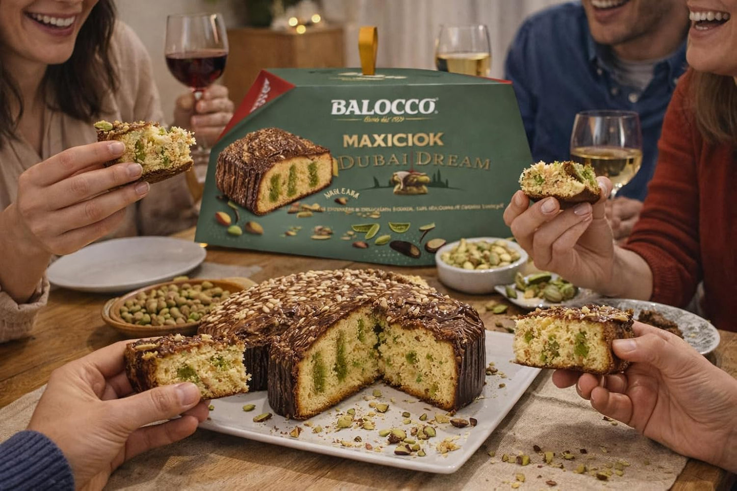 Balocco Colomba Pasquale Maxiciok Dubai Dream Merendine con Crema Pistacchio e Copertura al Cacao, Snack Dolce Ripieno Soffice per Colazione e Merenda Pasqua
