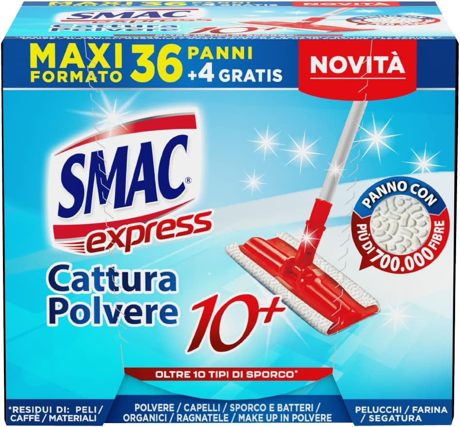 Smac Express - Panni Cattura Polvere 10+, Compatibili con Ogni Scopa, 40 Panni, Cattura e Trattiene Polvere, Sporco e Batteri, Tutti i Pavimenti e Superfici, Sostenibile, Maxi Formato, 36+4 Panni