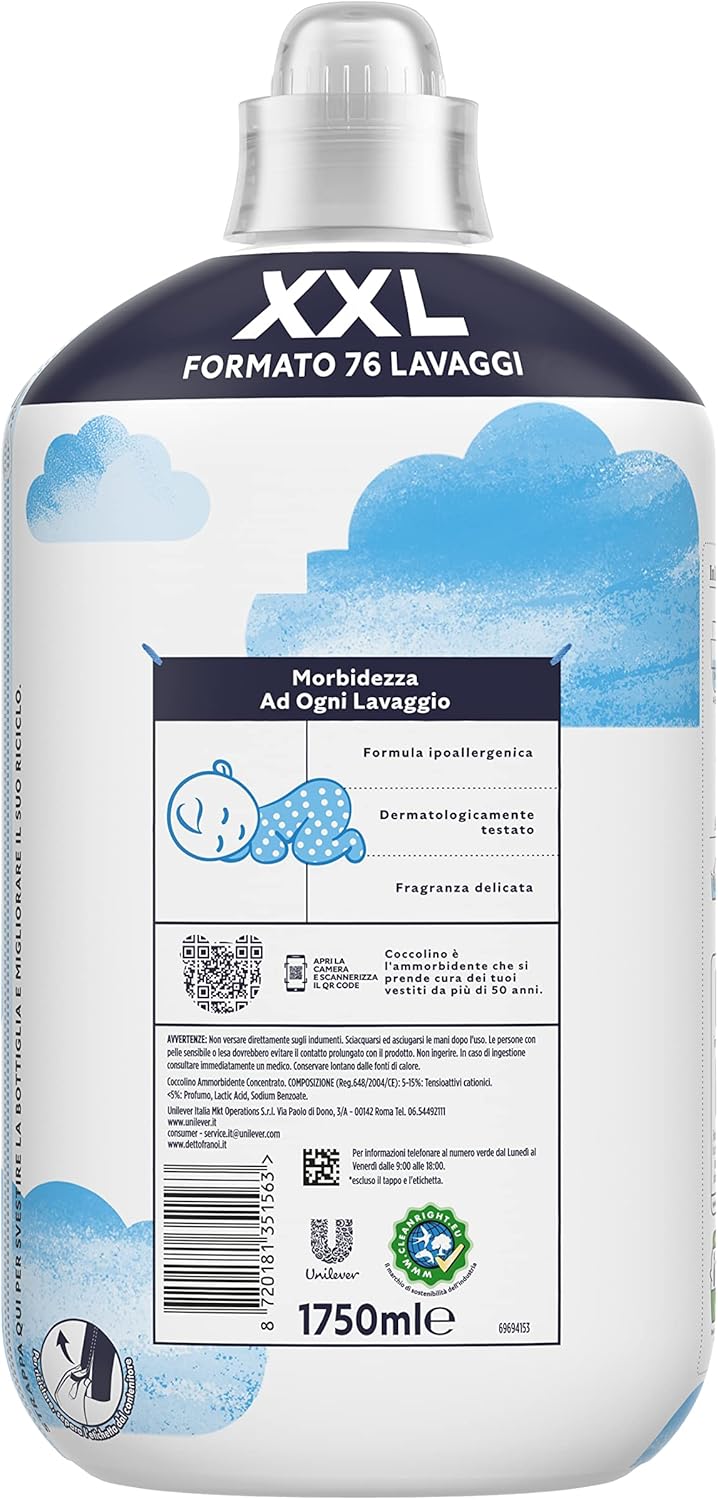 Coccolino Ammorbidente Concentrato Delicato e Soffice, Ammorbidente Lavatrice Ipoallergenico e Dermatologicamente Testato, Formato XXL Fino a 76 Lavaggi, 1750 ml