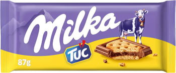 Milka Tuc Tavoletta di Cioccolato al Latte Ripieno di Biscotti Tuc, 100% Latte Alpino, Cacao Sostenibile, 87g, 1 pezzo [L'imballaggio può variare]