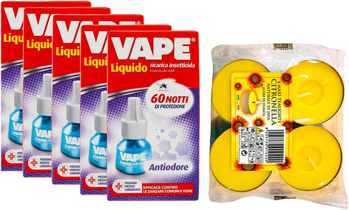 VAPE- 5 CONFEZIONI RICARICHE LIQUIDO INSETTICIDA ANTIODORE 36 ML + 4 CANDELE ALLA CITRONELLA