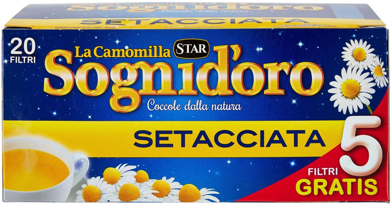 Camomilla Sogni d'oro setacciata, astuccio da 20 Filtri, concediti un po' di relax e sonni tranquilli, gusto inconfondibile e piacevole, pronta soli in 5 min.