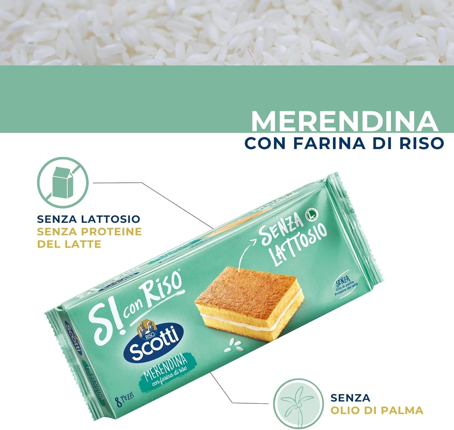 Si con Riso - Merendine con Farina di Riso - Merende Senza Lattosio, Senza Olio di Palma - 8 Monoporzioni