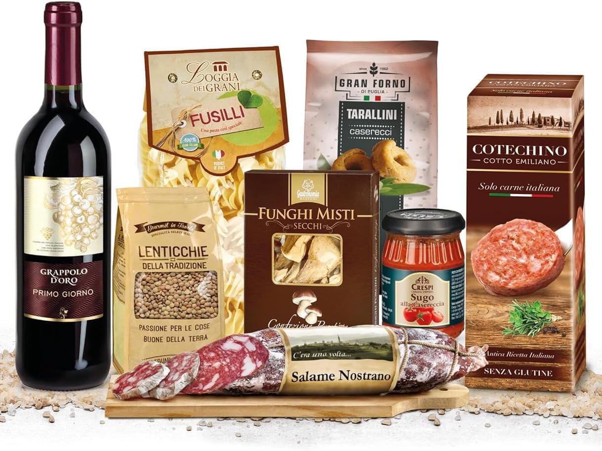 Cesto Natalizio 8 Pezzi “Sapori di Natale”, Confezione Regalo Gourmet con Prodotti Tipici Italiani, Salumi, Pasta, Vino Rosso, Cotechino e Dolci Tradizionali, Idea Regalo Elegante per le Feste