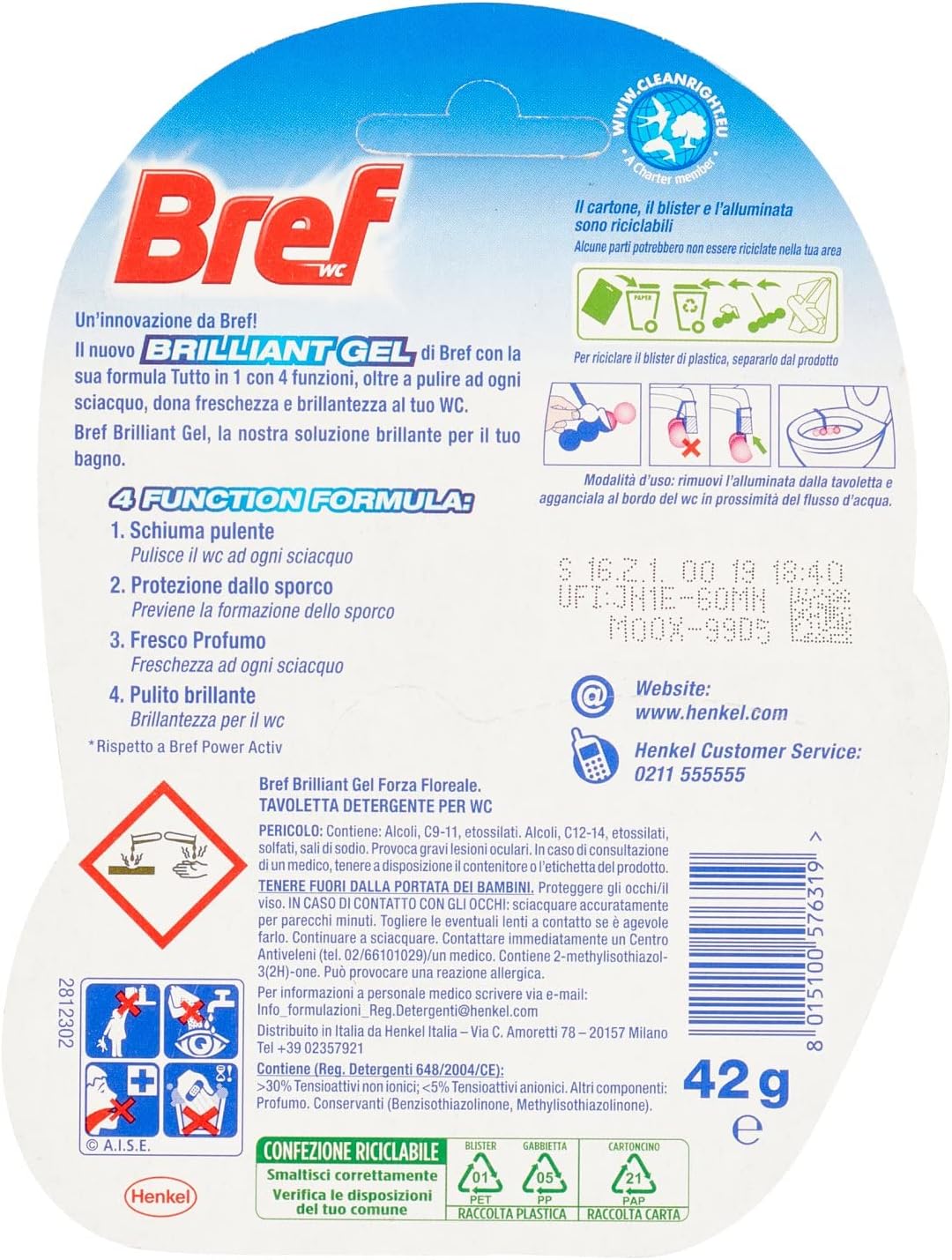 Bref WC Forza Floreale, Nuovo Brilliant Gel, Detergente WC, Pulizia e Freschezza per il tuo WC, Formato singolo