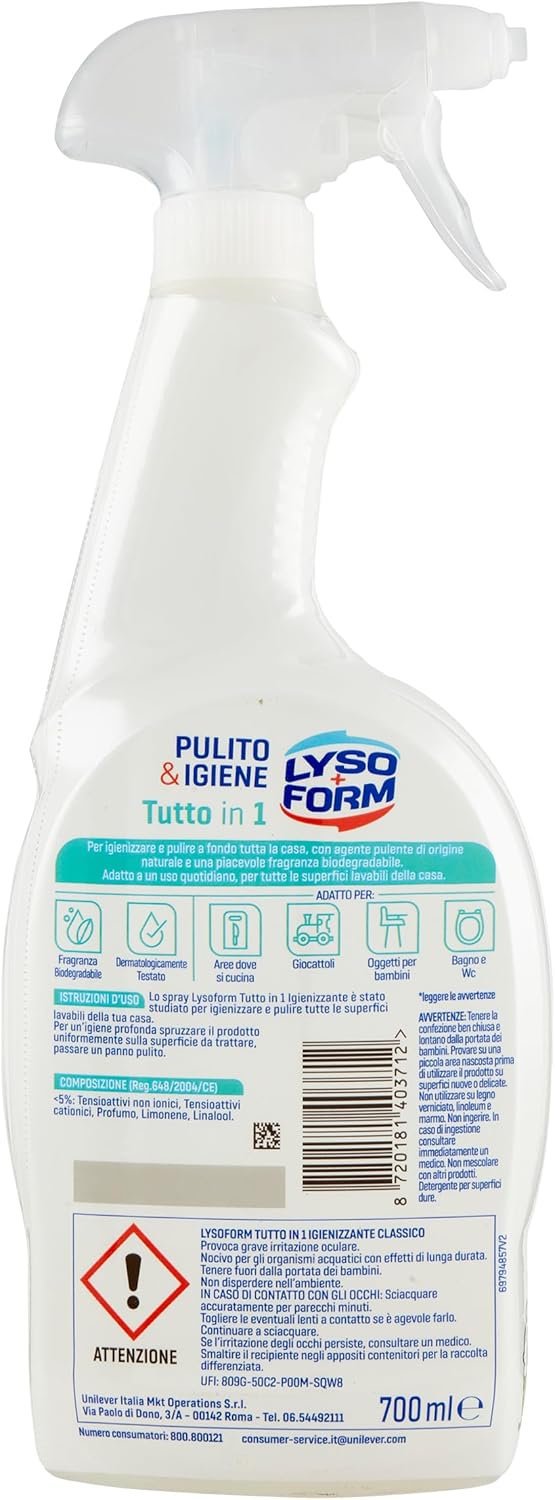 Lysoform Spray Tutto in 1 Classico, Spray Disinfettante Superfici, con Agente Pulente di Origine Naturale, Fragranza Biodegradabile, Adatto per Uso Quotidiano, 700 ml