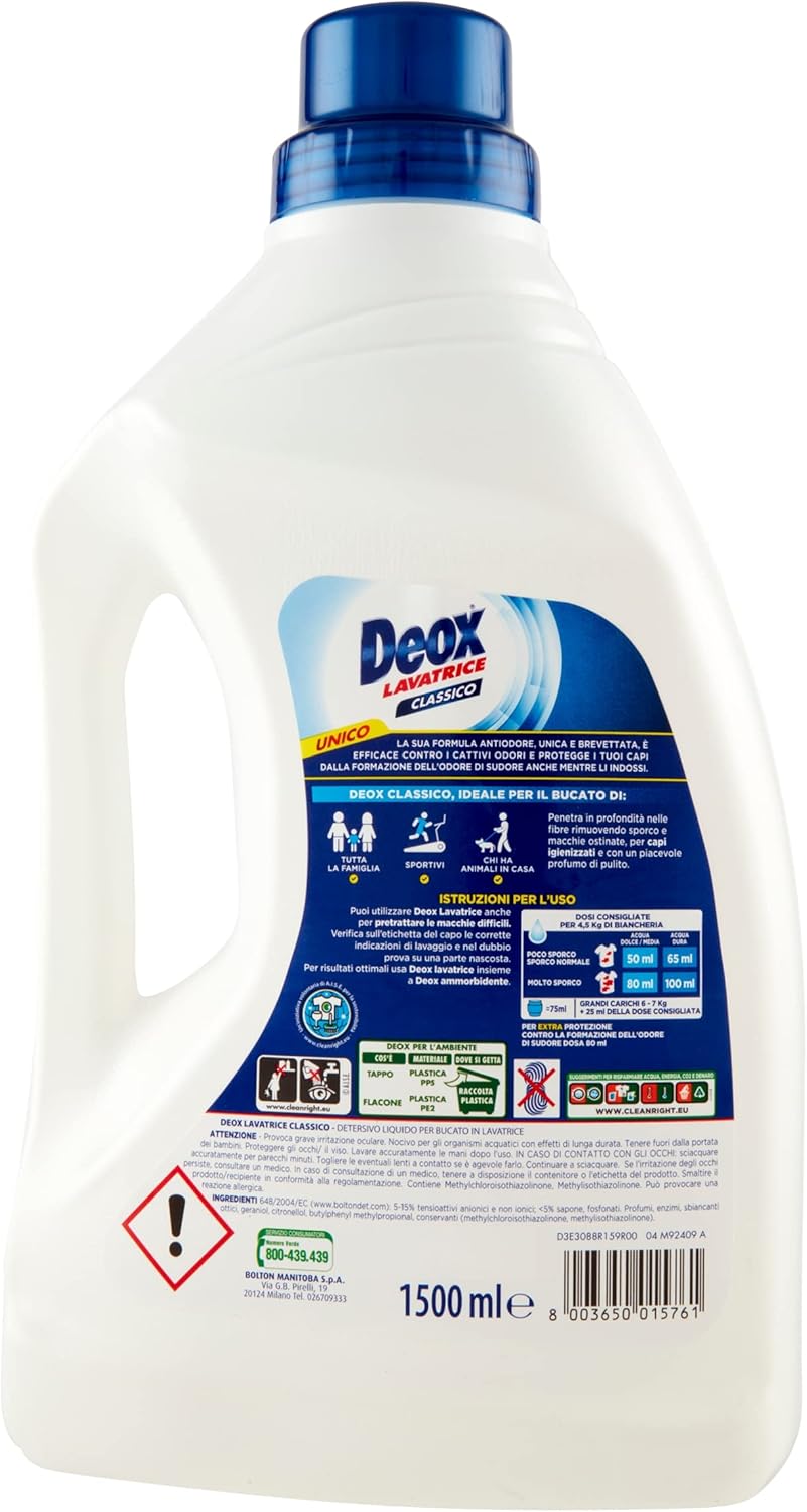 Deox - Detersivo Lavatrice Liquido Classico, 30 Lavaggi, Smacchia e Igienizza, con Formula Antiodore, 1500ml x 1 Confezione