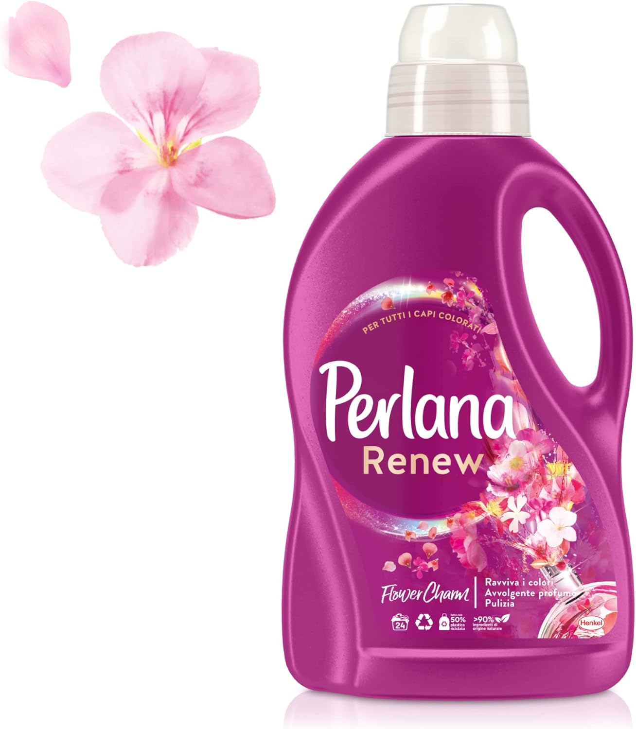 Perlana Renew Flower Charm, detersivo lavatrice, mantieni la brillantezza dei tuoi capi colorati e bianchi, confezione singola da 24 lavaggi