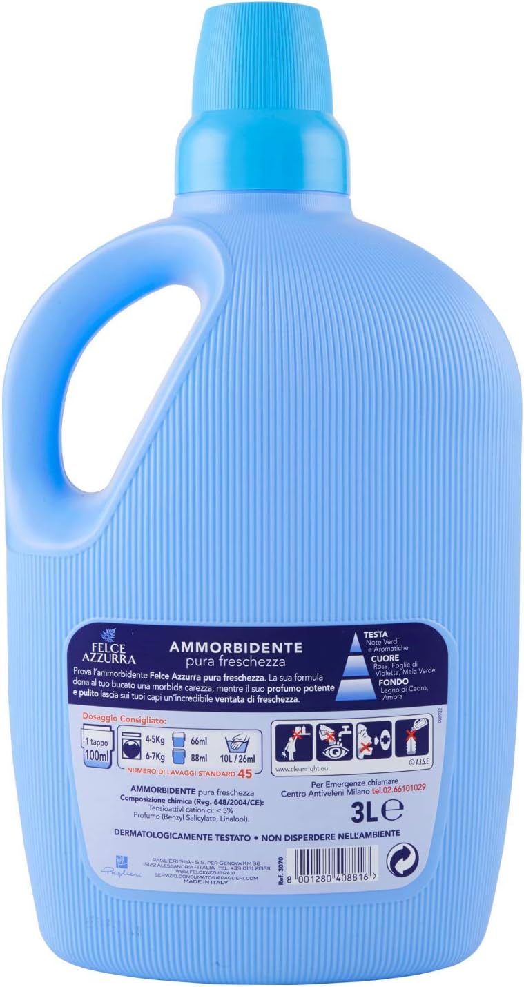 Felce Azzurra - Ammorbidente Diluito Pura Freschezza, Fresco Profumo, Capi Morbidi - Maxi Formato 45 Lavaggi - 3000 ml