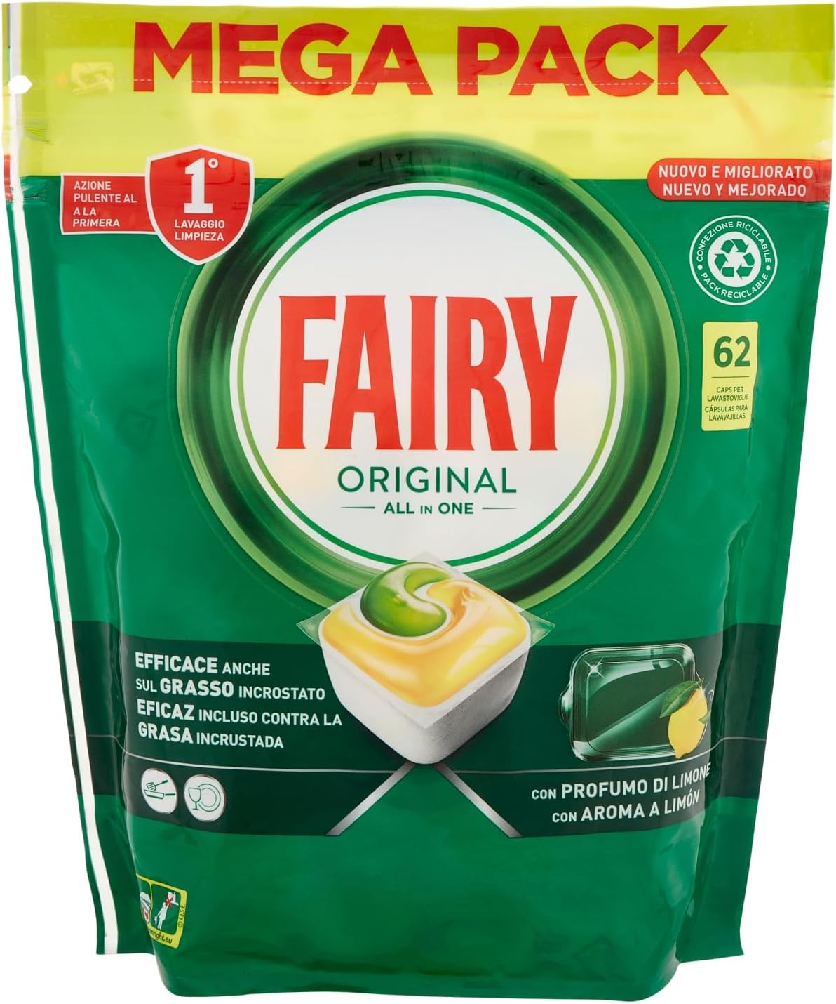 Fairy Pastiglie Lavastoviglie Original, Detersivo Piatti Limone, 62 Capsule 837 g