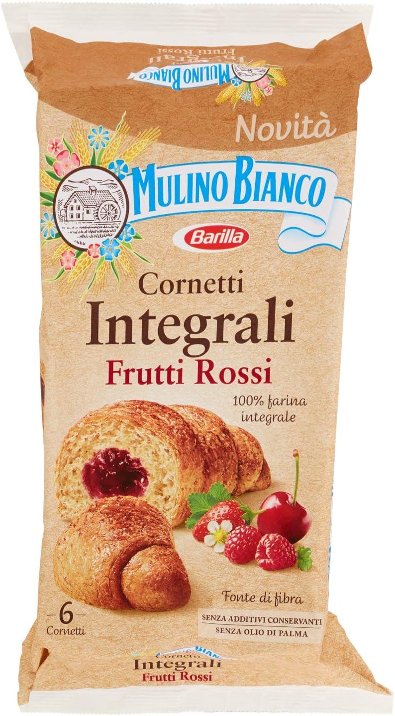 Mulino Bianco Cornetti Integrali Frutti Rossi con 100% Farina Integrale, Brioche di Pasta Sfoglia con Confettura di Frutti Rossi, Senza Olio di Palma, Confezione con 6 Cornetti