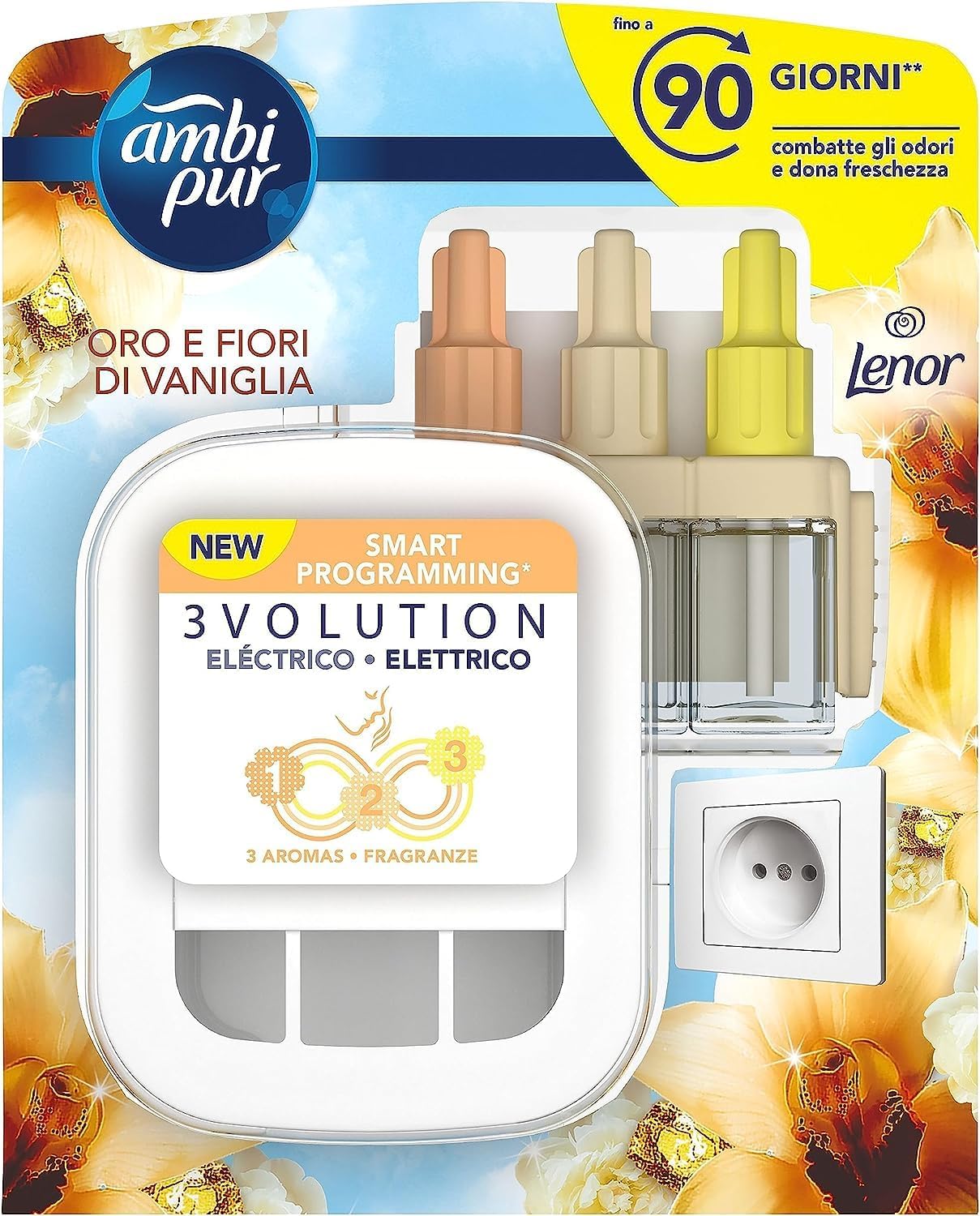 Ambi Pur 3Volution Profumatore per Ambienti, 1 Diffusore Elettrico e 1 Ricarica, Fragranza Oro e Fiori di Vaniglia, tecnologia Elimina Odori, Fino a 90 Giorni di Profumo per Ricarica