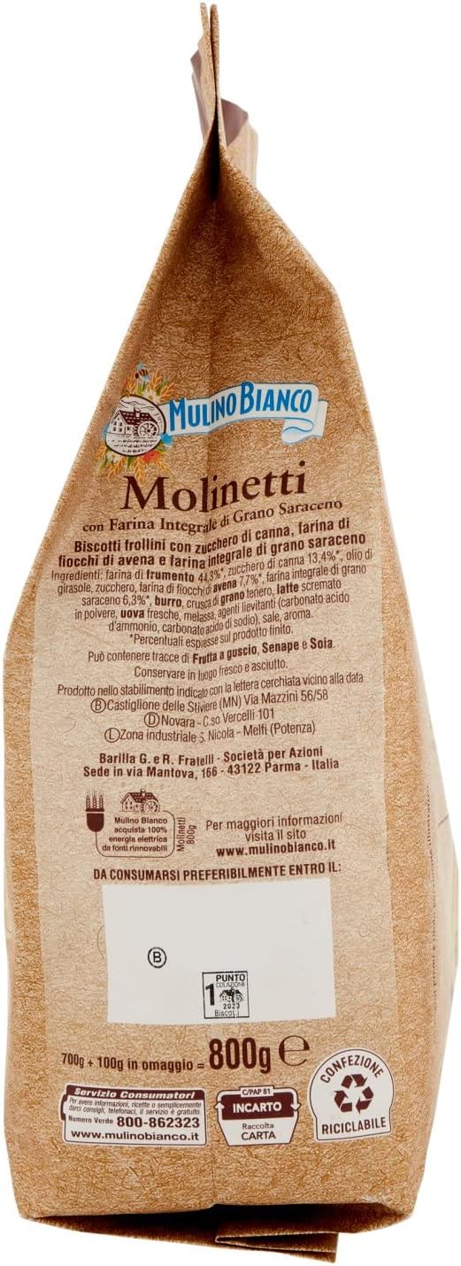 Mulino Bianco Biscotti Frollini Molinetti con Farina Integrale di Grano Saraceno, Colazione Ricca di Gusto, 800 g