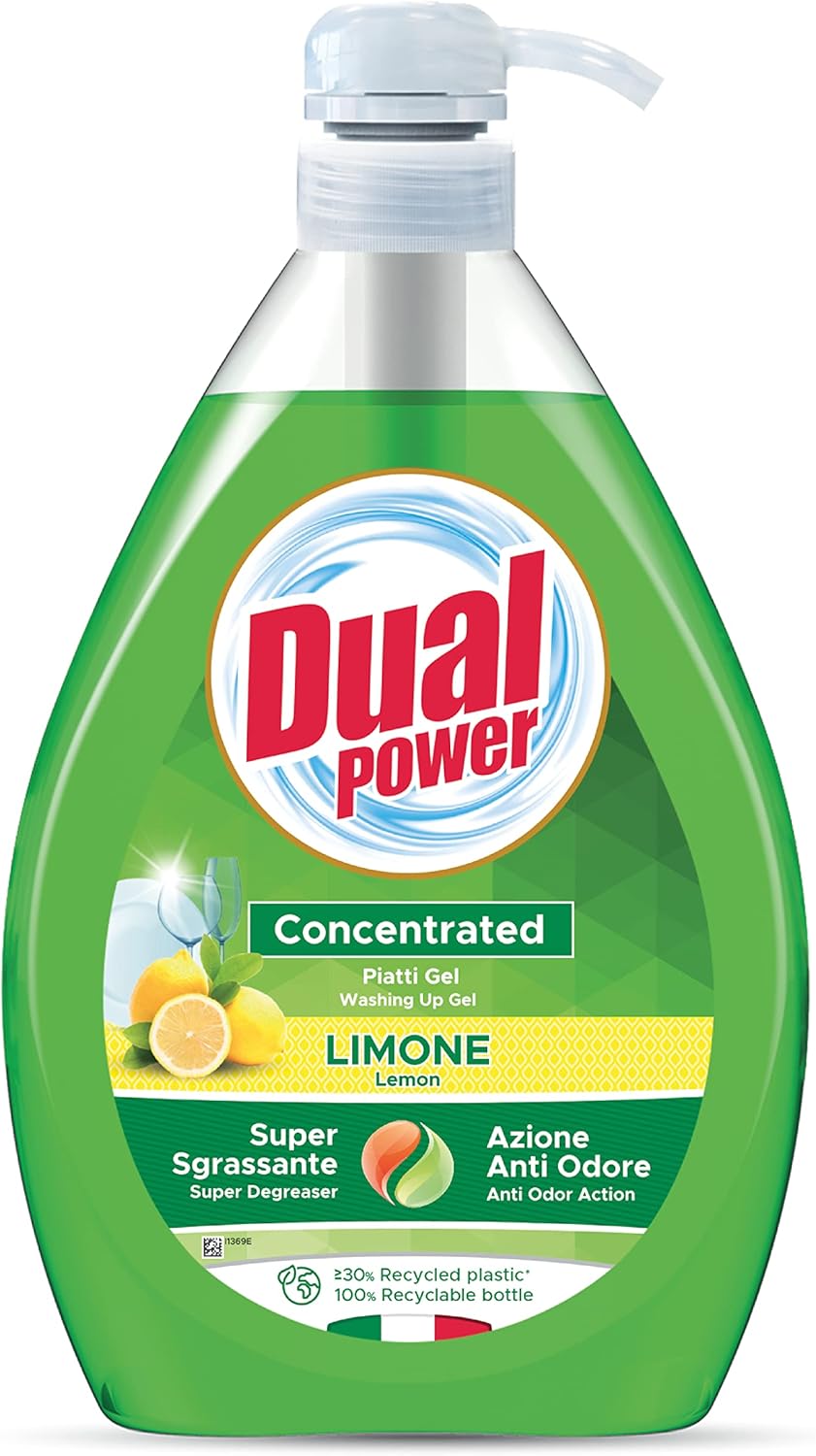 Dual Power Piatti Gel Limone, Detergente Piatti Concentrato ad Elevato Potere Sgrassante, Ideale per Stoviglie Incrostate, Azione Anti Odore, Made in Italy, Dispenser 1 L