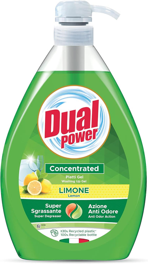 Dual Power Piatti Gel Limone, Detergente Piatti Concentrato ad Elevato Potere Sgrassante, Ideale per Stoviglie Incrostate, Azione Anti Odore, Made in Italy, Dispenser 1 L