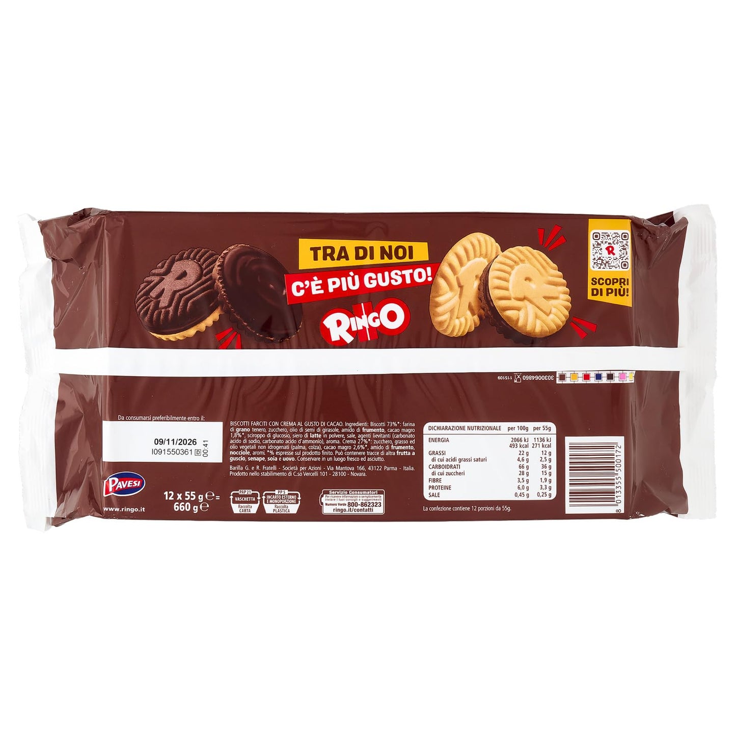 Pavesi Snack Ringo Cacao, Biscotti Farciti con Crema al Gusto Cioccolato