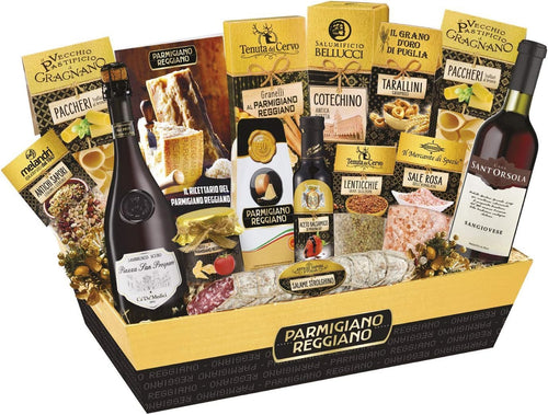 Cesto di Natale | Regalo Natalizio | Gran Emilia | Selezione Prodotti Emiliani Gourmet | 15 Pezzi | Ricettario Consorzio Parmigiano Reggiano | Sangiovese IGT | Sale Rosa Himalaya | Idea per Lui e Lei