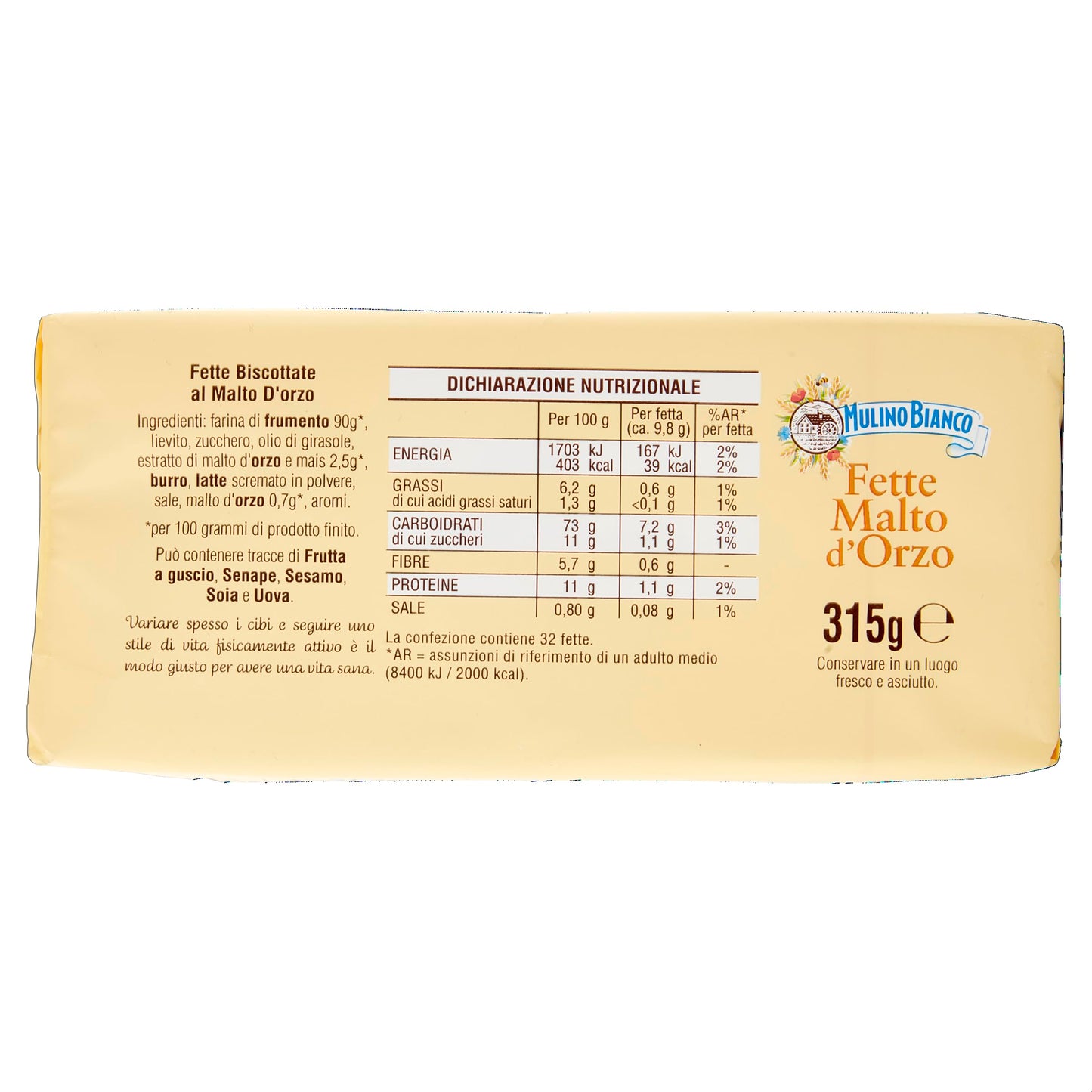 Mulino Bianco Fette Biscottate al Malto D'Orzo, Senza Olio di Palma - 315 g (Confezione da 2)