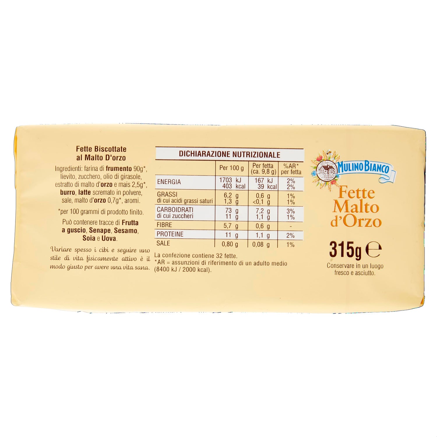 Mulino Bianco Fette Biscottate al Malto D'Orzo, Senza Olio di Palma - 315 g (Confezione da 2)