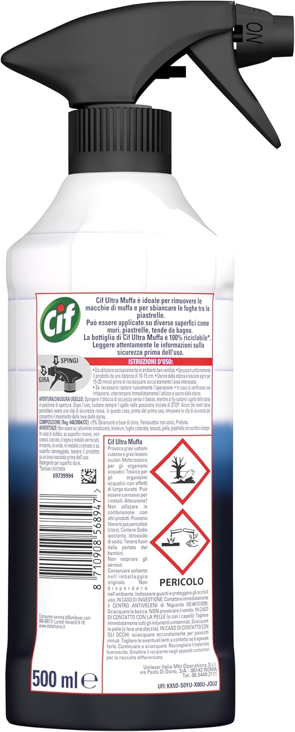 Cif Ultra Muffa, Spray Antimuffa, Formato 500 ml, Spray Detergente Ideale per Muri, Piastrelle, Tende da Bagno, Rimuove le Macchie di Muffa e Sbianca le Fughe tra le Piastrelle