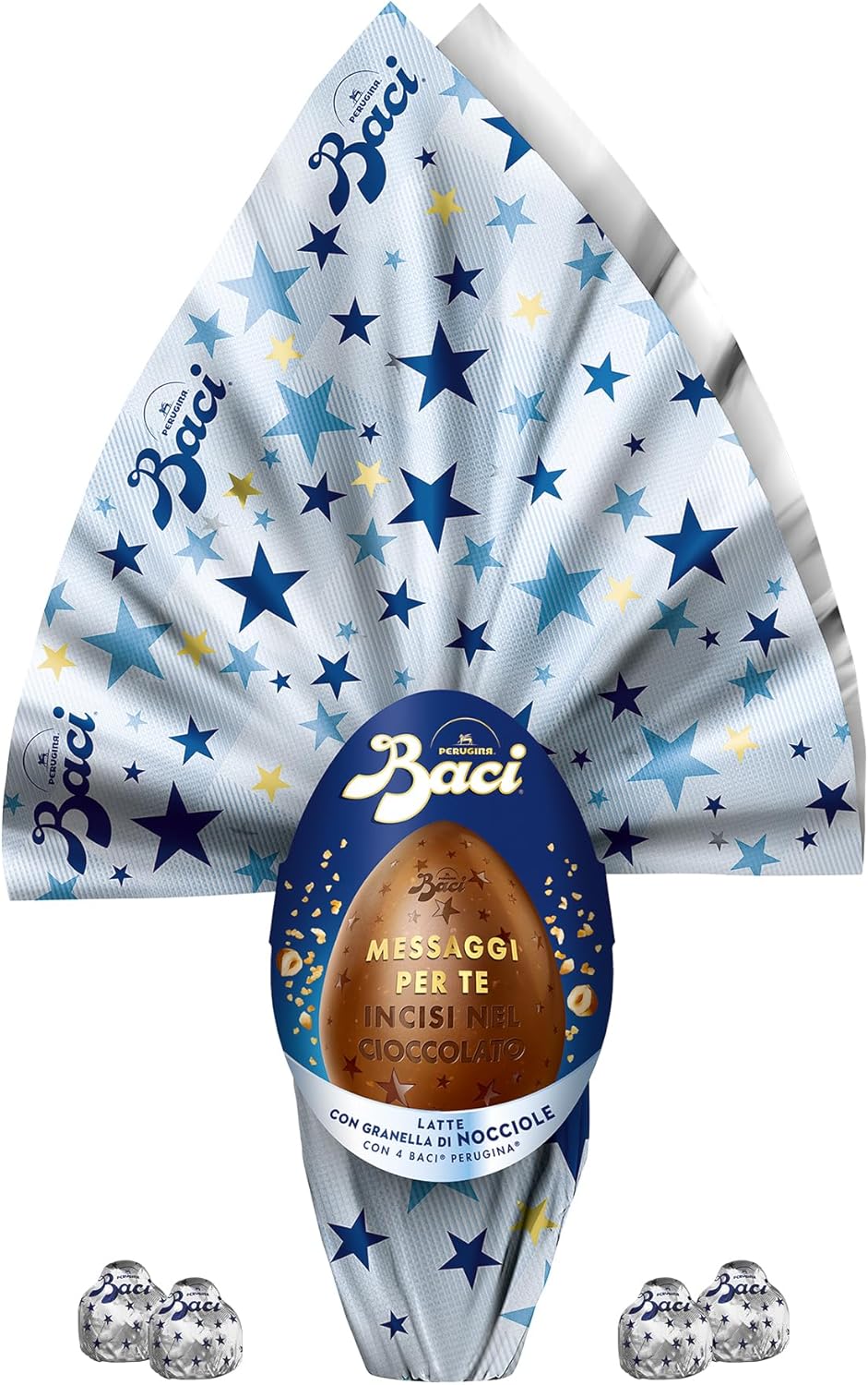 BACI PERUGINA Uovo di Pasqua 2025 Cioccolato al Latte Inciso con granella di Nocciole e 4 Cioccolatini 310g