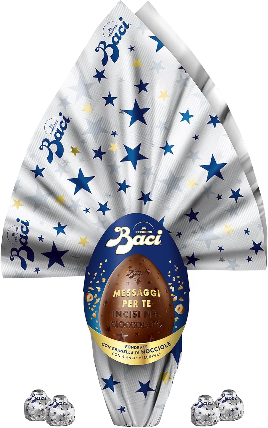 BACI PERUGINA Uovo di Pasqua 2025 Cioccolato Fondente Inciso con granella di Nocciole e 4 Cioccolatini 310g
