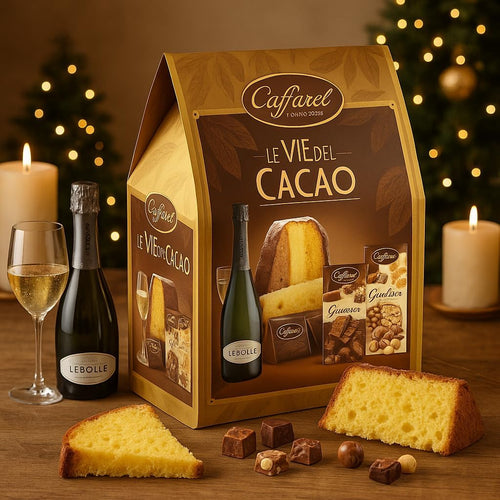 Cesto Natalizio Le Vie del Cacao 5 Pezzi con Panettone, Cioccolato Artigianale, Dolci Assortiti e Spumante Dolce, Confezione Regalo Elegante e Gourmet per Natale, Idea Regalo Raffinata Made in Italy