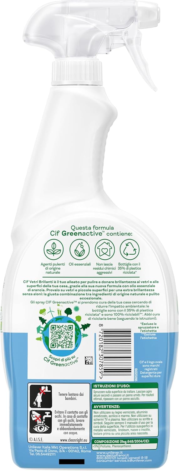 Cif Vetri Brillanti, Spray Vetri con Olio Essenziale di Arancia, 650 ml, Pulizia di Vetri e Superfici, Agenti Pulenti di Origine Naturale, Oli Essenziali, Non Lascia Residui Chimici Aggressivi