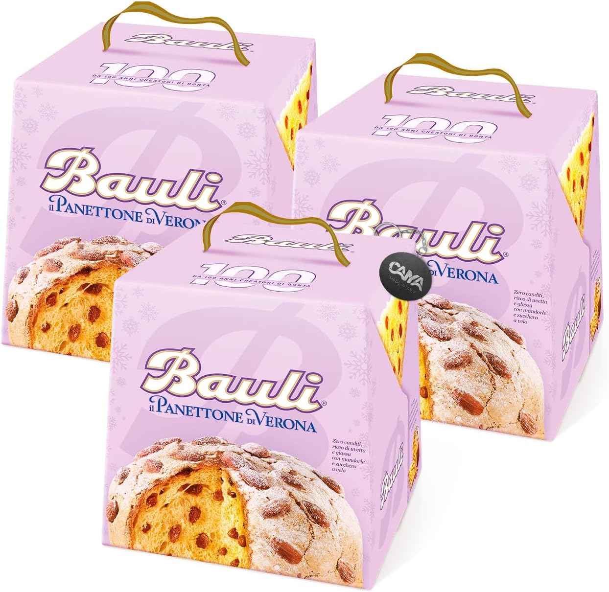 3X Bauli Panettone di Verona con Uvetta e Glassa con Mandorle, Senza Canditi 1kg (2023) [2 Panettoni]