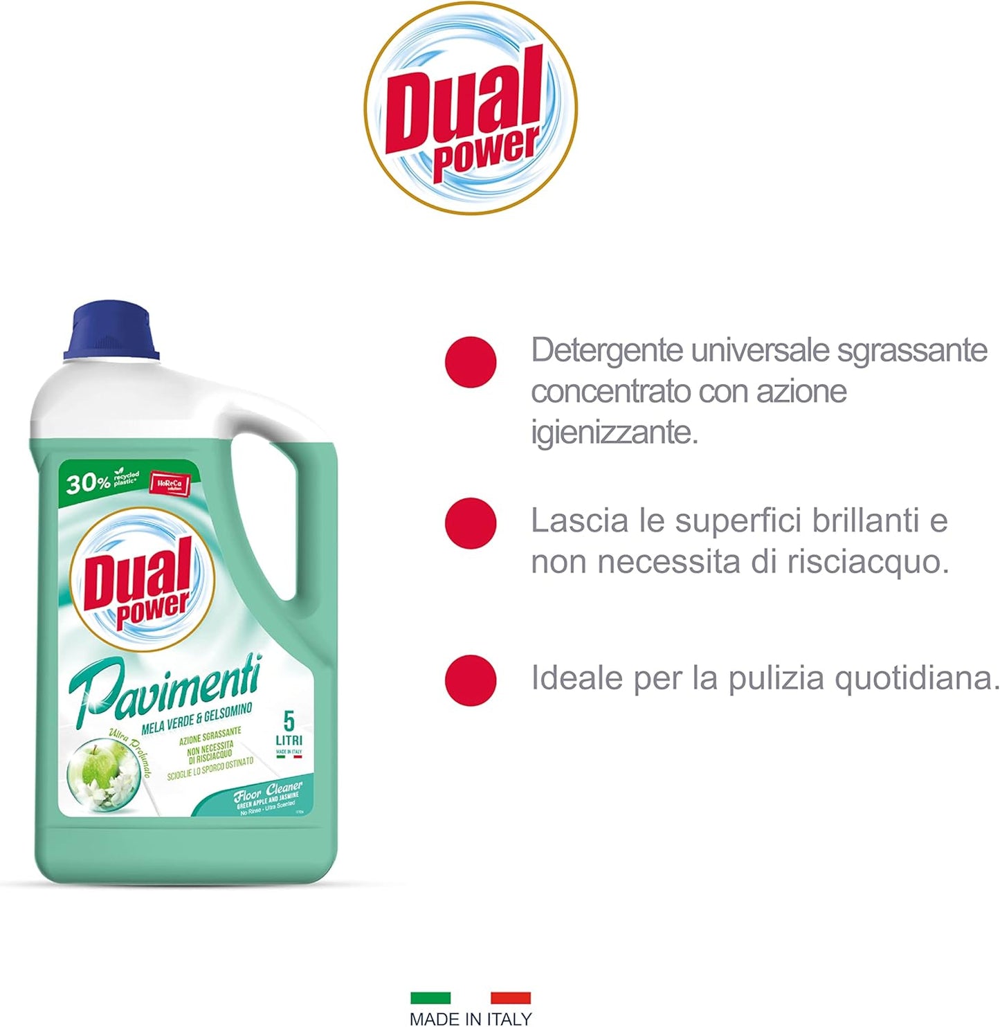 Dual Power Detergente Universale Sgrassante Per Pavimenti - Igienizzante, Scioglie Lo Sporco Ostinato - Mele Verde E Gelsomino, Neutro, 5000 Millilitro