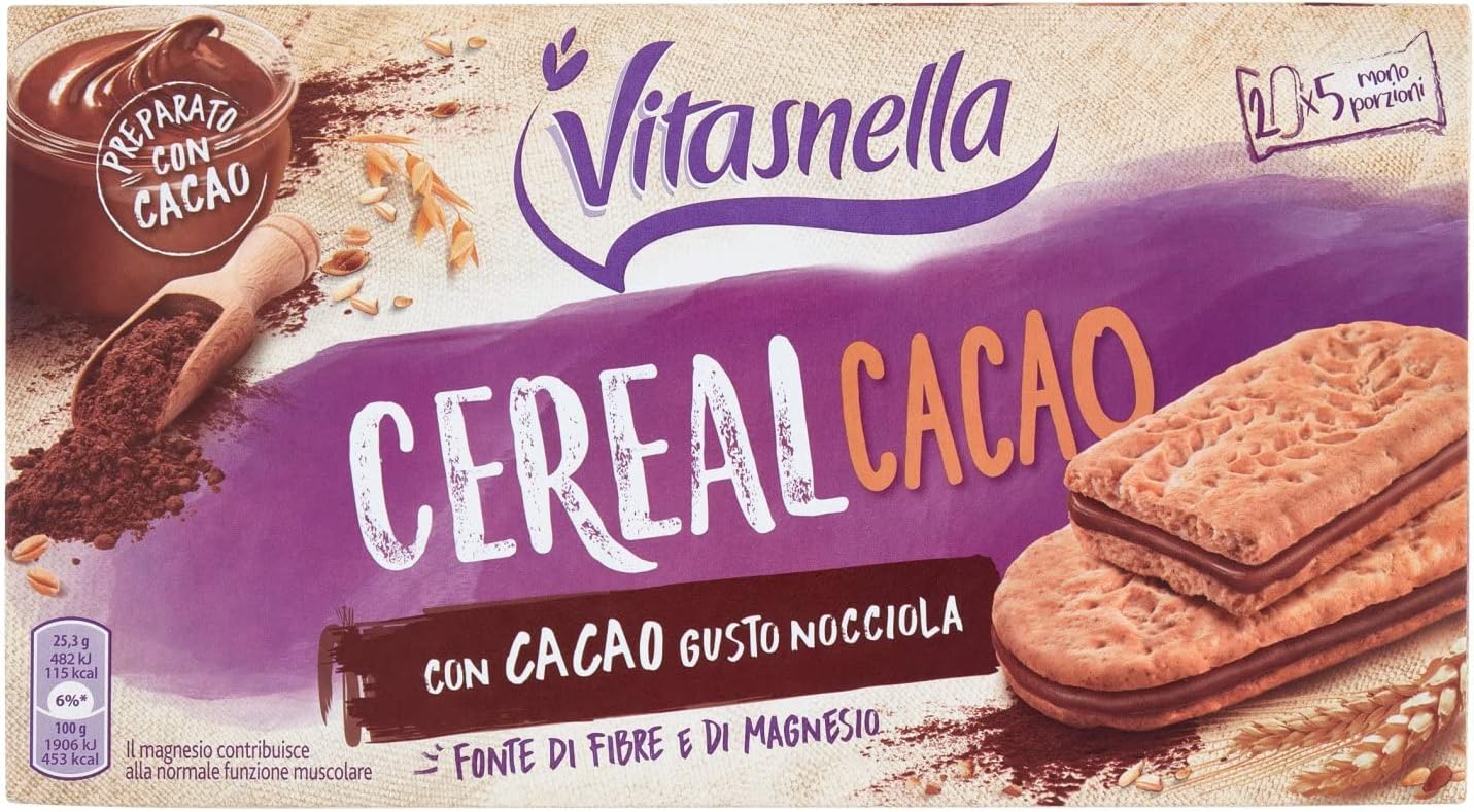 Vitasnella Cereal Crema - Biscotti ai Cereali con Farcitura al e Gusto Nocciola Cacao, 250 Grammi