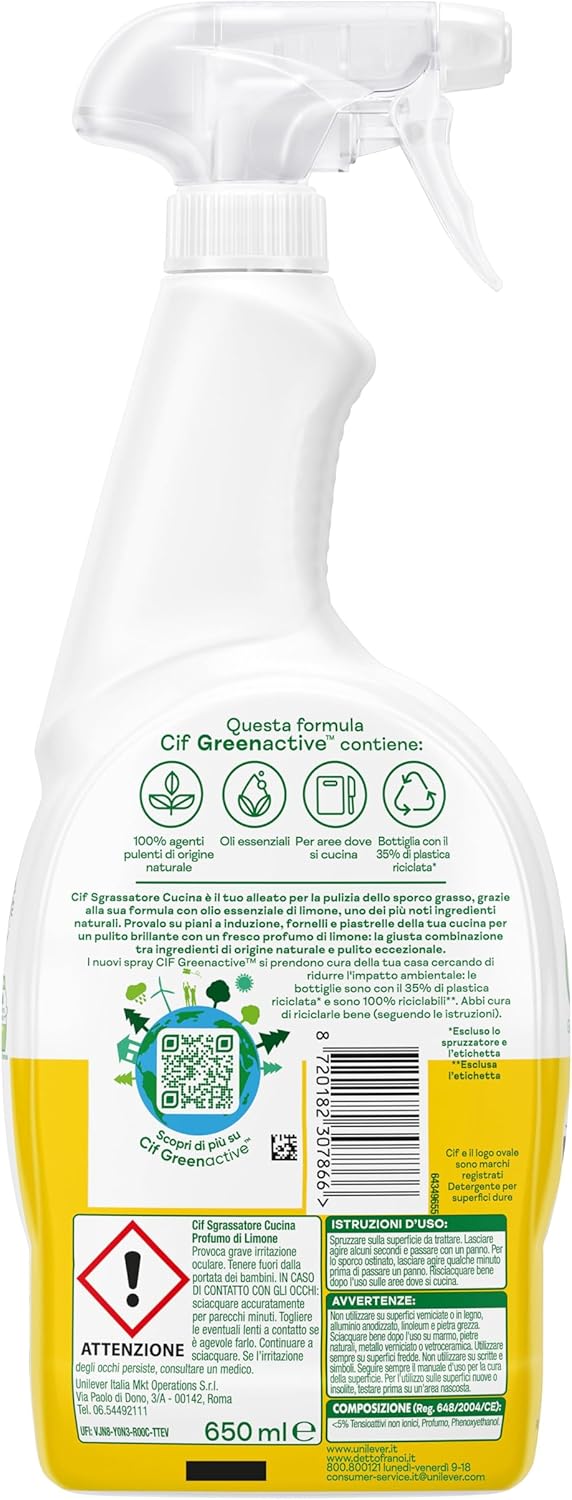 Cif Sgrassatore Cucina, Sgrassatore Universale con Olio Essenziale di Limone, 650 ml, per Piani a Induzione, Fornelli e Piastrelle della tua Cucina, 100% Agenti Pulenti di Origine Naturale