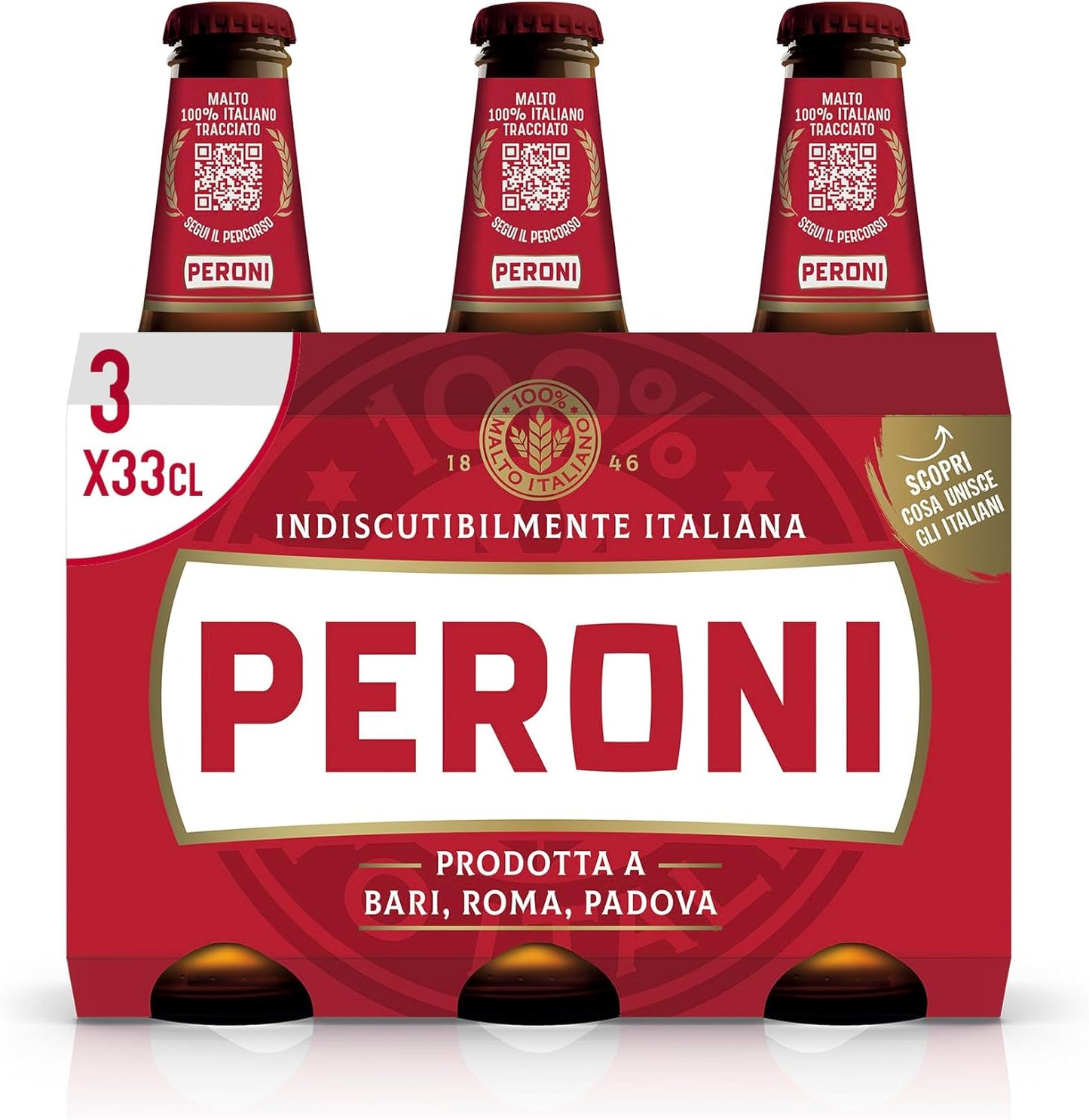 Peroni Birra Edizione Speciale, Pack con 3 birre in bottiglia da 33cl, Birra Lager con Malto 100% Italiano, Gusto Moderatamente Amaro, Gradazione Alcolica 4.7% Vol