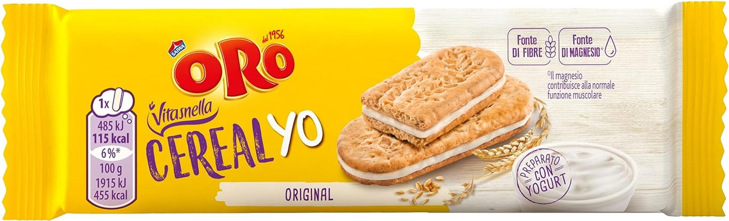 Oro Vitasnella, Cereal Yo Original, Biscotti con Ripieno Morbido di Yogurt Bianco, Fonte di Fibre e Magnesio, 253g (contiene 5 monoporzioni da 50,6g)