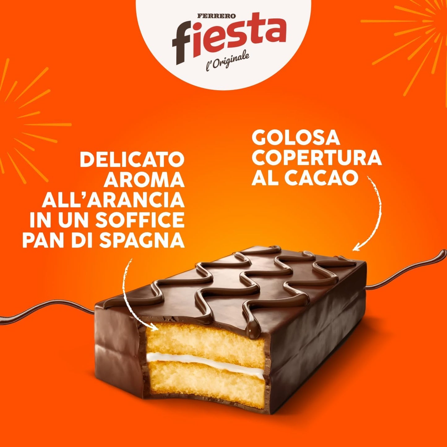Ferrero Fiesta - 10 Merendine di Pan di Spagna Ricoperte di Cioccolato, Delicato Sapore di Arancia, Ottime a Colazione e Merenda, Confezione da 360 Grammi
