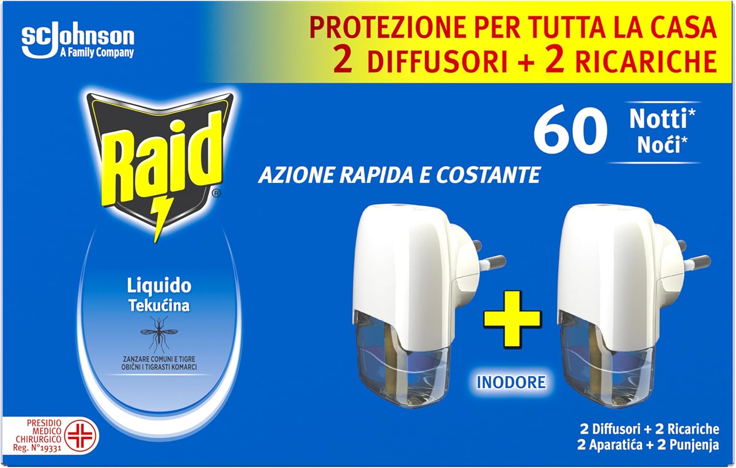 Raid Liquido Elettrico Antizanzare Comuni e Tigre, Inodore, Formato Convenienza, Confezione da 2 Diffusori e 2 Ricariche, 60 Notti