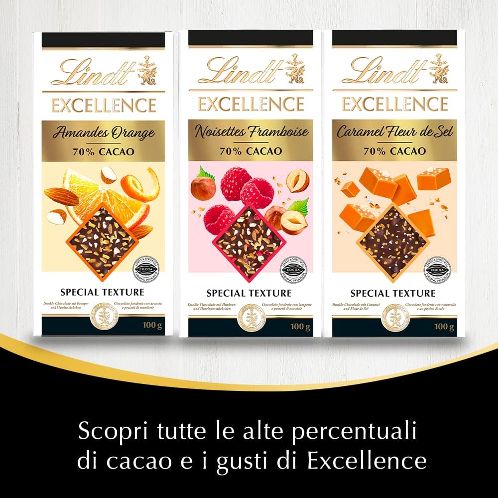 Lindt Excellence Passion Tavoletta di Cioccolato Fondente 70% Cacao con Arancia e Mandorle, formato 100g